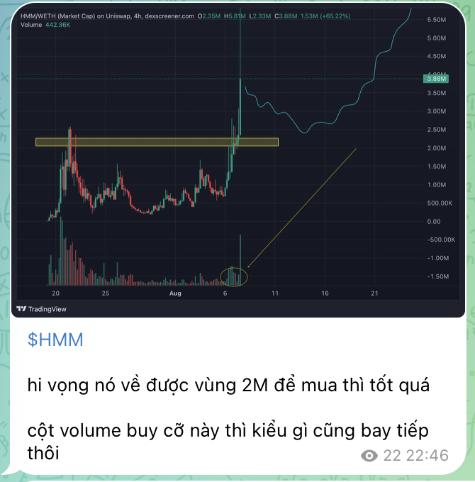 A crypto trading chart for "HMM/WETH (Market Cap) on Uniswap, 4h, dexscreener.com" with Vietnamese text below reading "$HMM", "hi vọng nó về được vùng 2M để mua thì tốt quá", and "cột volume buy cổ này thì kiểu gì cũng bay tiếp thôi".