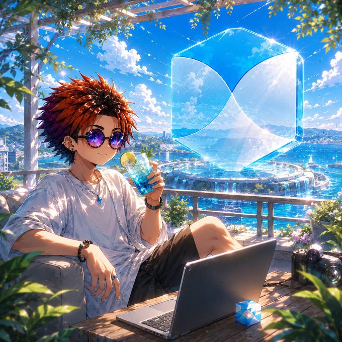 Anime-style digital art of a young man with red hair and purple sunglasses sitting at a laptop on a balcony with a drink, featuring a translucent blue X (XRP) logo floating in the sky over a coastal cityscape.