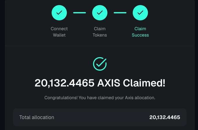 The image shows a successful token claim confirmation screen displaying "20,132.4465 AXIS Claimed!" after completing a three-step process (Connect Wallet, Claim Tokens, Claim Success). This relates to the post about a giveaway for the user's Kaito $AXIS allocation, where 10% of their total claimed tokens (approximately 2,013 AXIS) would be shared with community members who follow the specified steps.