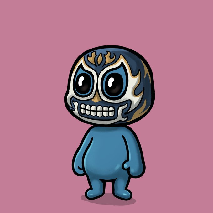 A cartoon character with a blue body and a luchador-style mask featuring large eyes and a toothy grin stands against a pink background.
