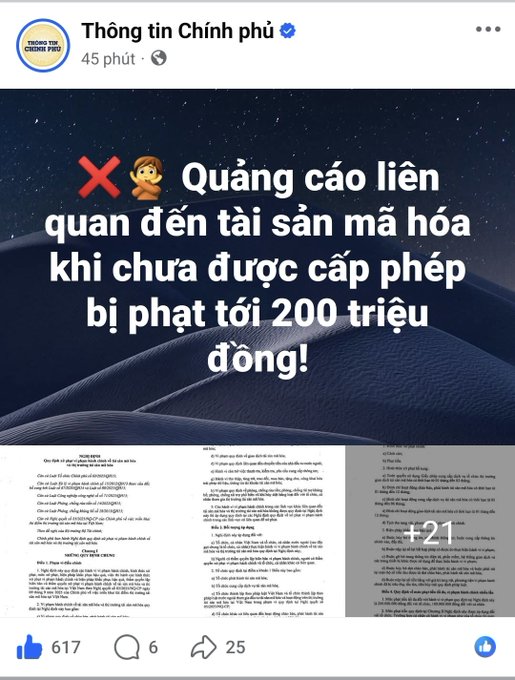 A Vietnamese government Facebook post from 'Thông tin Chính phủ' warns that advertising related to crypto assets without licensing can result in fines up to 200 million đồng, showing a decree document.