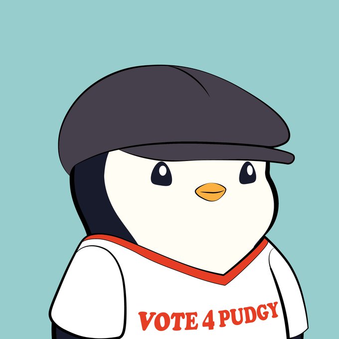A cartoon penguin wearing a gray cap and a white shirt with red trim that reads "VOTE 4 PUDGY" against a light blue background.