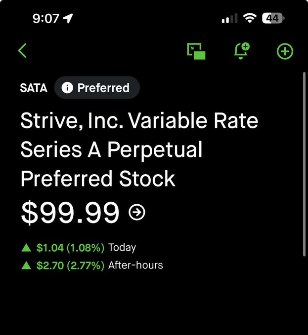 A Robinhood stock page shows Strive, Inc. Variable Rate Series A Perpetual Preferred Stock (ticker SATA) trading at $99.99, up $1.04 (1.08%) during the day and an additional $2.70 (2.77%) in after-hours trading, illustrating the "win" referenced in the post in contrast to $STRC still trading at $85.