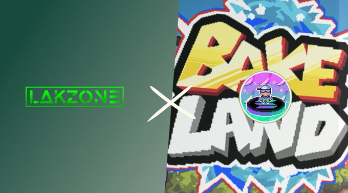 A split graphic with a green box containing the text "LAKZONE" on the left and a logo for "BAYE LAND" featuring a character in a purple circle on the right, separated by a white 'X'.