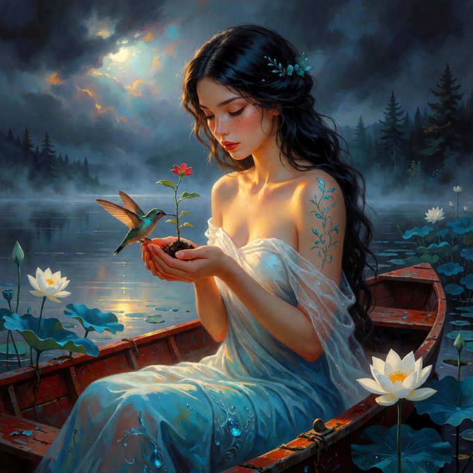 A digital painting shows a woman with long dark hair and floral tattoos in a flowing blue dress, sitting in a wooden boat and holding a potted red flower as a small hummingbird approaches.