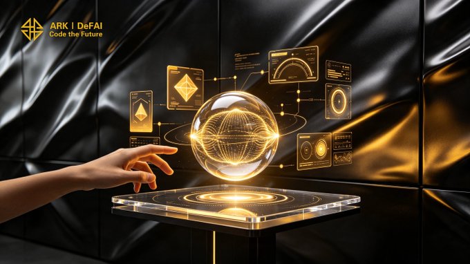 The image showcases the "ARK | DeFAI - Code the Future" branding alongside a hand reaching toward a glowing golden holographic orb surrounded by futuristic data interfaces, symbolizing the advanced AI-powered execution and automation capabilities of the Arkie AI App for ARK builders.