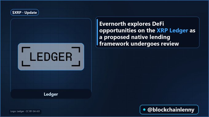 The image is a social media update graphic featuring a "LEDGER" logo on a dark blue background, with the headline "Evernorth explores DeFi opportunities on the XRP Ledger as a proposed native lending framework undergoes review," tagged $XRP and credited to @blockchainlenny, visually supporting the news about Evernorth's DeFi exploration on the XRP Ledger.