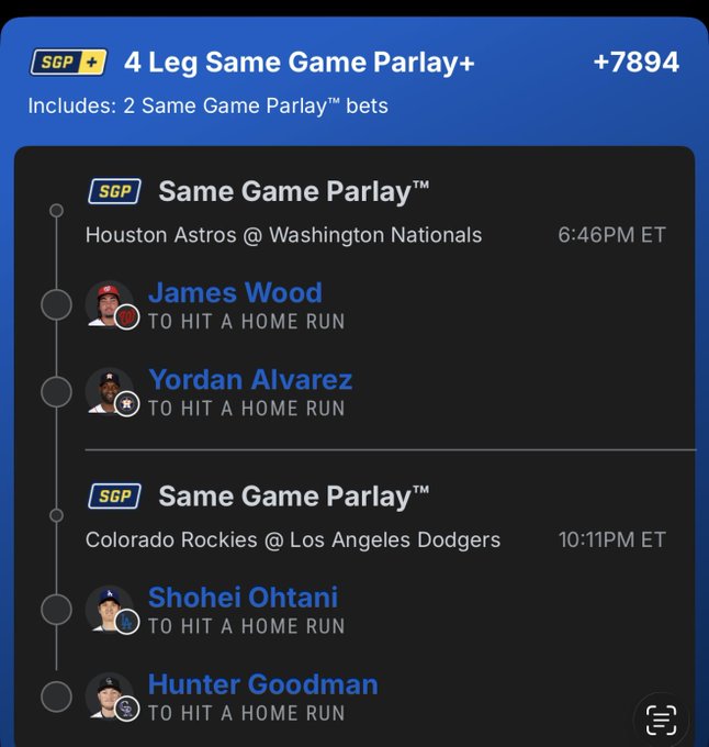 A FanDuel sports betting screen displaying a '4 Leg Same Game Parlay+' with +7894 odds, featuring home run parlay bets for James Wood and Yordan Alvarez (Houston Astros @ Washington Nationals), and Shohei Ohtani and Hunter Goodman (Colorado Rockies @ Los Angeles Dodgers).