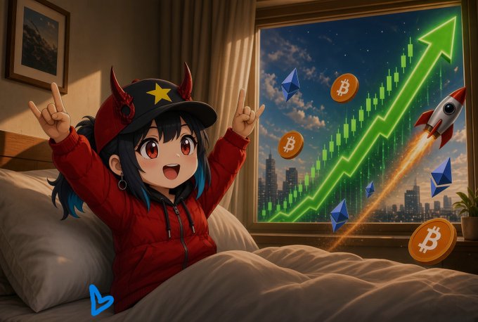 An anime-style girl in a red hoodie and yellow-star cap making rock gestures excitedly in bed, with a window showing a green rising crypto chart, Bitcoin and Ethereum coins, and a rocket.
