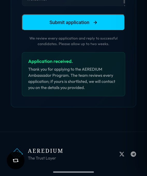 A mobile screenshot of an AEREDIUM 'The Trust Layer' website showing a successful 'Submit application' button and an 'Application received' confirmation message for their Ambassador Program.