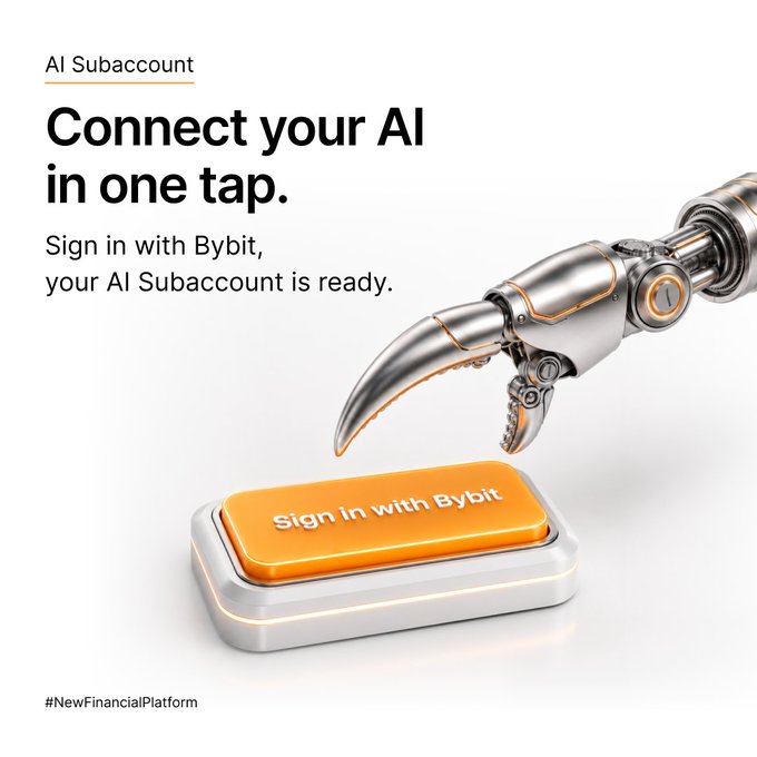 A sleek robotic hand presses an orange "Sign in with Bybit" button, illustrating the headline "Connect your AI in one tap" for the AI Subaccount feature, which simplifies authentication by replacing API key juggling with a single sign-in. The image visually reinforces the post's promise of effortless AI integration with Bybit's new financial platform.