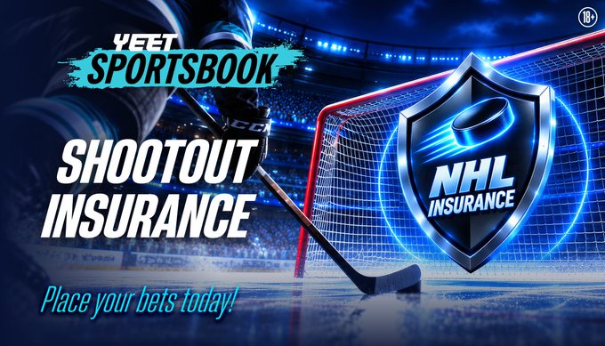 A promotional banner for 'YEEET SPORTSBOOK' featuring 'SHOOTOUT INSURANCE' with NHL branding, a hockey goal, and a puck against a blue arena background.