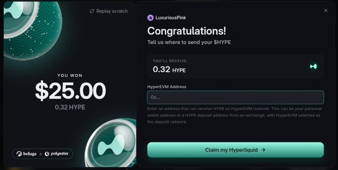 A screenshot showing a winning notification of $25.00 (0.32 HYPE) on what appears to be a crypto gaming platform, with a pop-up asking for a HyperEVM Address to claim winnings from user "LuxuriousPink".