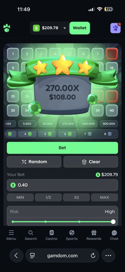 A screenshot of a mobile casino betting game called 'Mines' on gamdom.com, showing a wallet balance of $209.78, a potential payout of 270.00X ($108.00), a bet of $0.40, and 'High' risk setting.