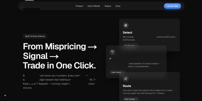 A dark-themed website landing page for a crypto/trading platform with the headline 'From Mispricing → Signal → Trade in One Click,' featuring sections labeled 'Detect' and 'Route' along with a 'Launch App' button.