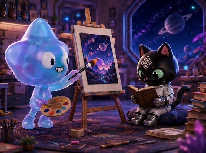 A blue translucent blob character named PloPlo paints a cosmic scene of planets and stars on an easel while a black cat-like character in a spacesuit named Siggy reads nearby, with the artwork visually reinforcing PloPlo's quote about Ritual's expansive vision of the cosmos.
