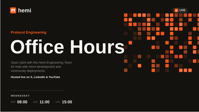 A promotional graphic for a 'hemi' 'Protocol Engineering Office Hours' event, advertised as hosted live on X, LinkedIn, and YouTube, with a 'LIVE' indicator and times listed for PDT 08:00, EDT 11:00, and UTC 15:00 on Wednesday.