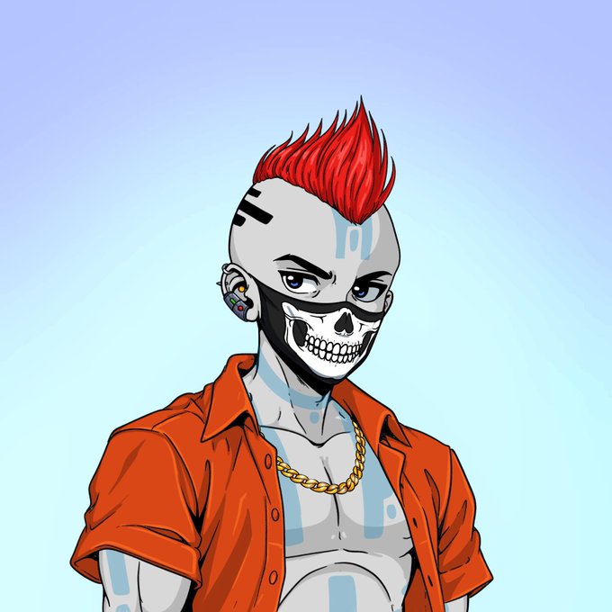 A digital illustration of a punk-style character with a red mohawk, skull face paint, an earpiece, gold chain, and orange shirt against a light blue background.