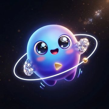 A cute, kawaii-style 3D character with a blue-to-purple gradient body, large sparkly eyes, and a small smile floats in a starry space, surrounded by glowing diamond-like rings and golden orbs.