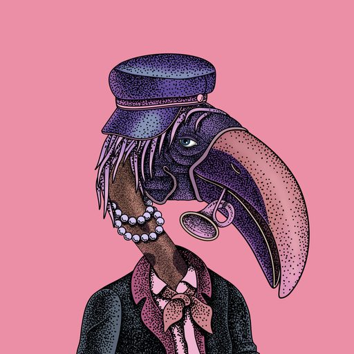 The image features a humorous illustration of an anthropomorphized bird, wearing clothes and accessories such as a hat, scarf, and necktie. The bird has been given human-like characteristics with a detailed facial expression and hairstyle. The accompanying text in the image states that this character is for sale and was bought by 0x7d1e...f21b for a price of 0.04400ETH (~$74).