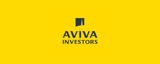 The image features the Aviva Investors logo on a bright yellow background. This logo signifies the asset management company mentioned in the post's discussion about their collaboration with Ripple.