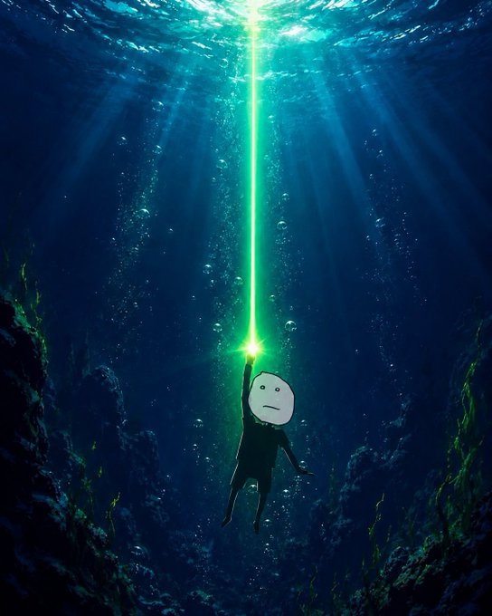 A person with a stoic white face mask stands underwater, reaching upward toward the surface while holding a glowing green lightsaber, with sun rays filtering through the water above and rocky formations on either side—evoking the sense of a lonely struggle that mirrors the post's reference to $KIM's volatile roller coaster ride that no one seems to care about.