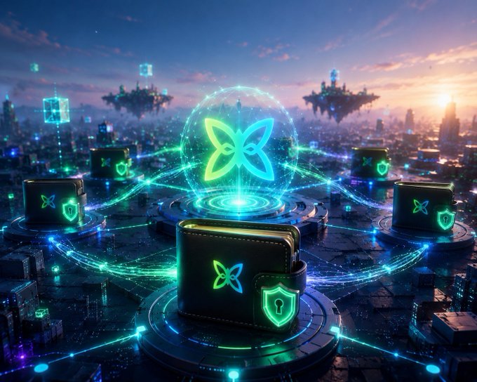 A futuristic digital artwork depicting glowing wallets with butterfly logos and security shields interconnected by energy lines across a cyberpunk cityscape at sunset, with floating platforms and data cubes in the sky.