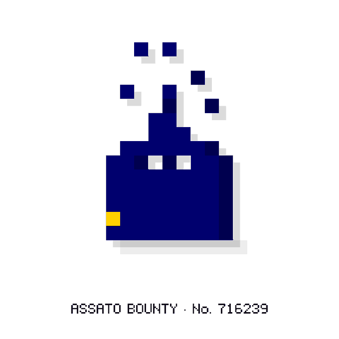 Pixel art image of a dark purple bag with scattered squares above it on a white background, labeled 'ASSATO BOUNTY · No. 716239'.