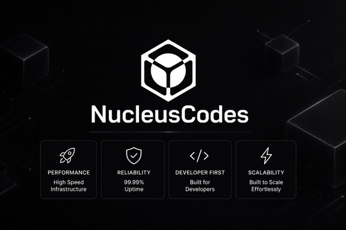 A promotional graphic for "NucleusCodes" highlighting Performance, Reliability, Developer First, and Scalability features.