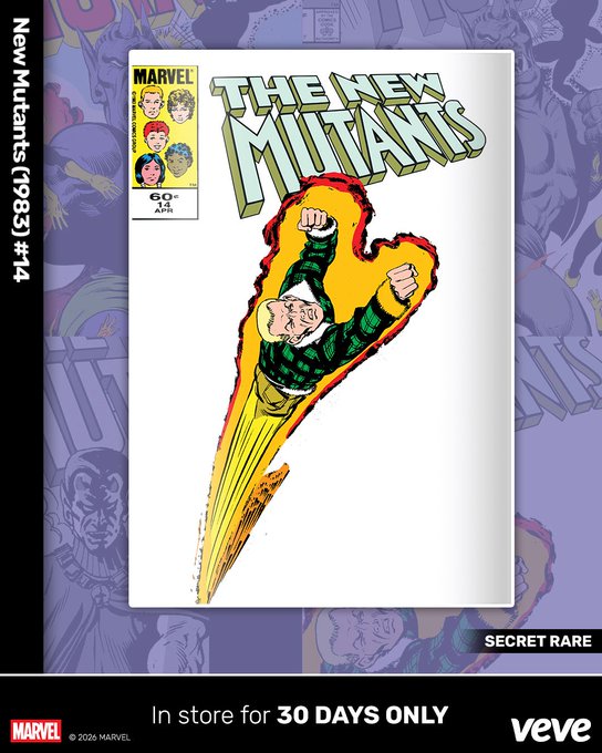 A promotional image for a VeVe digital collectible of Marvel's New Mutants (1983) #14, featuring a Secret Rare cover by artist Sal Buscema with a character flying upward through a fiery trail. The image displays the Marvel logo, "SECRET RARE" label, and notes the digital collectible will be available for 30 days only.