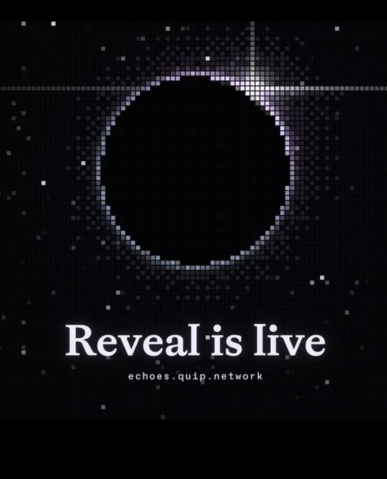 A dark pixelated graphic features a circular void with a bright edge resembling a solar eclipse in space, with the text "Reveal is live" and "echoes.quip.network" displayed below.