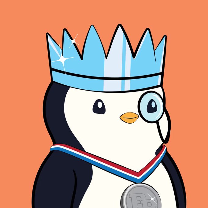 An illustration of a penguin character wearing a sparkling blue crown, a monocle, and a medal on a red, white, and blue ribbon, set against an orange background.