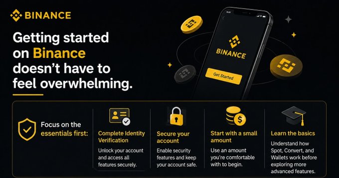 A Binance promotional banner with the headline 'Getting started on Binance doesn't have to feel overwhelming,' featuring a smartphone graphic and four onboarding steps: focus on essentials, complete identity verification, secure your account, start with a small amount, and learn the basics.