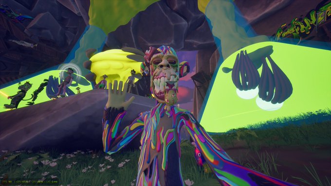 A vibrant, paint-splattered Mutant Ape Yacht Club (MAYC) character stands in a colorful 3D virtual environment, holding a glowing yellow trophy in celebration of the 5th anniversary of Mutants Saturday. The psychedelic scene features bright neon colors, bananas, and a chat interface at the bottom left showing "FPS: 90" and the name "JohnDoe," reflecting the lively metaverse party atmosphere.