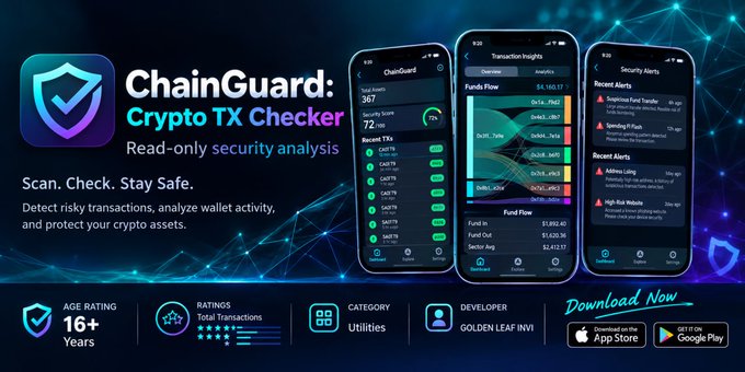 Promotional graphic for the "ChainGuard: Crypto TX Checker" app, highlighting its read-only security analysis features, dashboard, transaction insights, and security alerts, with age rating 16+, 5-star reviews, utilities category, developed by Golden Leaf Invvi, and App Store/Google Play download buttons. This relates to the accompanying post, which promotes a ChainGuard airdrop offering 3 USDT to 100 random participants and 10 referral points, using the app's branding to attract participants.