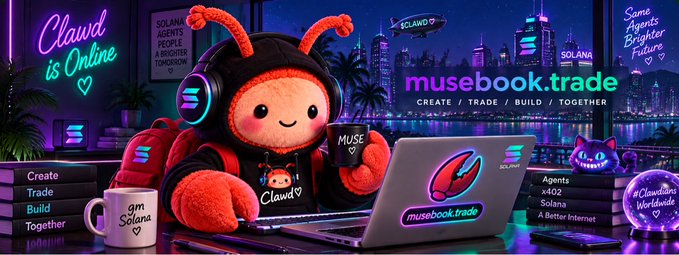 An animated promotional banner for 'musebook.trade' features a red ant-like character wearing headphones at a laptop, with neon 'Cloud is Online' text and Solana branding.