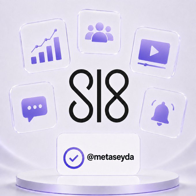 The image shows a promotional graphic featuring the "S|8" logo surrounded by six icons representing analytics, community, video, messaging, notifications, and a platform podium displaying "@metaseyda." It visually represents Sl8's multi-functional ecosystem, complementing the post's discussion about Sl8's staking options and APR tiers for USDC and SSLX.