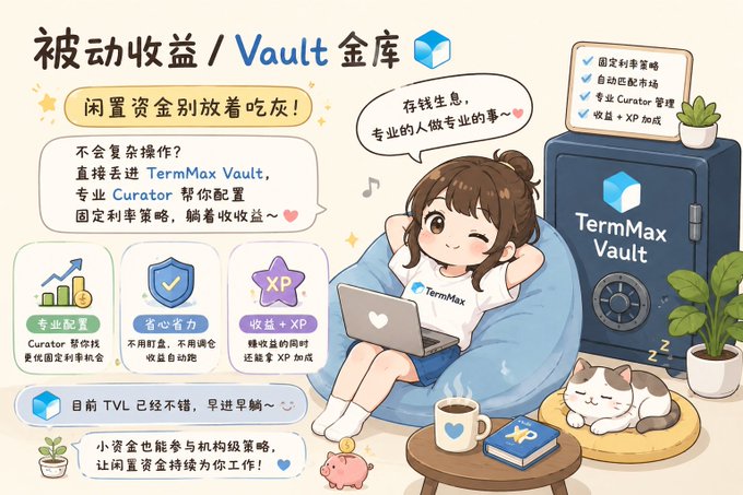 A cartoon promotional graphic for 'TermMax Vault' featuring a chibi girl on a beanbag chair with a laptop, advertising passive income and 12% returns with features like professional configuration, worry-free management, and XP rewards.