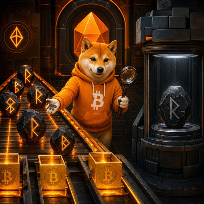 A digital illustration of a Shiba Inu dog wearing an orange Bitcoin hoodie and holding a magnifying glass, standing on a factory conveyor belt with golden Bitcoin bars and surrounded by Ethereum and Kaspa (K) cryptocurrency symbols.