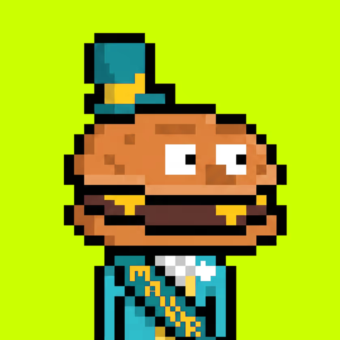 A pixel art illustration of a character resembling a hamburger or sandwich with eyes, wearing a small teal top hat and a teal jacket with gold trim, set against a bright green background.