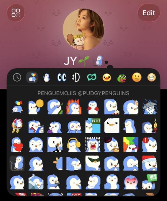 A screenshot of a messaging app profile page featuring a user named "JY🌱🐧" with a penguin emoji, above an open emoji keyboard displaying a collection of custom "Penguemojis @pudgypenguins" featuring various cute penguin designs, illustrating the user's daily routine of changing their profile to different penguin emojis from the Pudgy Penguins collection.
