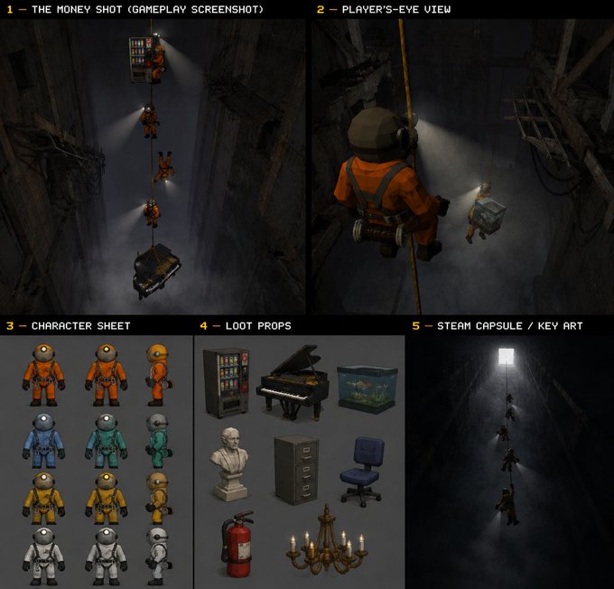 A video game concept art sheet titled 'DEEPSPACE DESCENT' featuring gameplay screenshots, a character sheet of divers, loot props like a piano and filing cabinet, and a steam capsule design.