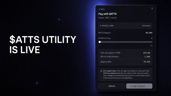 A promotional graphic stating '$ATTS UTILITY IS LIVE' next to a payment interface screen for paying with $ATTS tokens, showing a balance of 88,000 $ATTS and a cost of 1,500 $ATTS per month.
