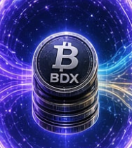 A digital illustration of a stack of coins marked with a 'B' symbol and the text 'BDX,' set against a glowing purple cosmic background.