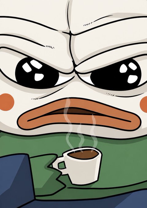 A close-up digital illustration of a stylized, cartoonish character with an angry expression, large dark eyes, and rosy cheeks, wearing a green and blue garment and holding a white cup of steaming dark liquid.