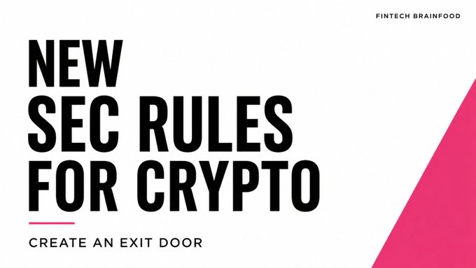 Bold black text on a white background reads "NEW SEC RULES FOR CRYPTO" with a subheading "CREATE AN EXIT DOOR," accented by a bright pink diagonal shape in the bottom right corner, with "FINTECH BRAINFOOOD" labeled in the top right. The graphic visually introduces the post's discussion about new SEC regulations that allow tokens to transition out of being classified as securities, referencing the Howey Test framework.