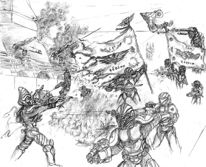 A black and white sketch depicts armored soldiers in a chaotic battle scene, with banners reading 'LEGION' flying as soldiers fire weapons amid explosions.