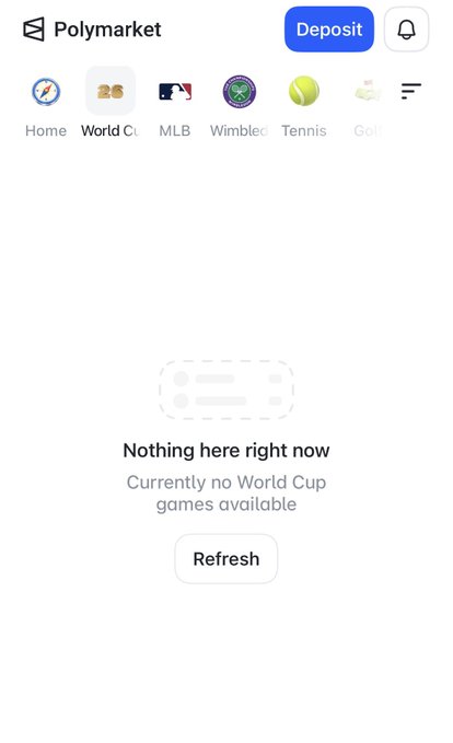A screenshot of the Polymarket website showing the "World C..." (World Cup) tab selected, but the page displays "Nothing here right now — Currently no World Cup games available" with a Refresh button, suggesting a technical issue or lack of available World Cup betting markets.