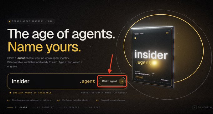 A website interface for 'TERWX AGENT REGISTRY - BSC' with the headline 'The age of agents. Name yours.' showing the domain 'insider.agent' and a red arrow pointing to a 'Claim agent' button.