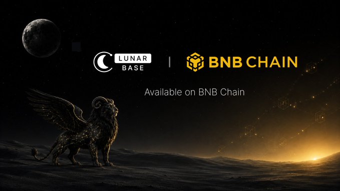 Promotional graphic showing a winged lion on a lunar landscape with logos for 'LUNAR BASE' and 'BNB CHAIN', stating 'Available on BNB Chain'.